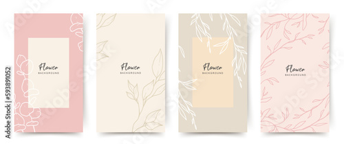 Floral background templates with line drawings flowers in pastel colors. Editable vector design, frame for social media post and story, card, cover, wedding invitation, poster, mobile apps, web ads