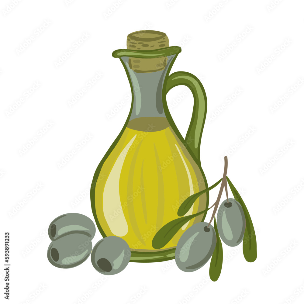 Vector illustration of a bottle of olive oil, green olive branch Vector illustration of a bottle of olive oil, green olive branch