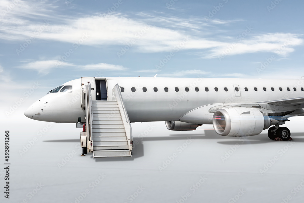 Fototapeta premium White passenger jet plane with boarding stairs isolated on bright background with sky