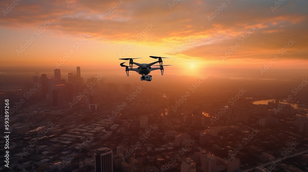 A detailed image of a drone capturing an aerial view of a city skyline at sunset A detailed image of a drone capturing an aerial view of a city skyline at sunset