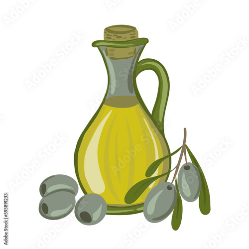 Vector illustration of a bottle of olive oil, green olive branch