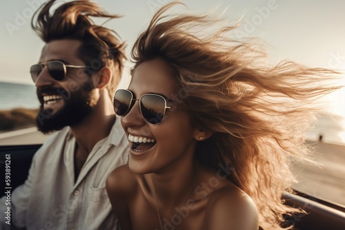 Summer road trip scene, featuring a couple smiling as they drive along a scenic, coastal highway, with the wind in their hair and the open road stretched out before them. Generative AI © bluebeat76