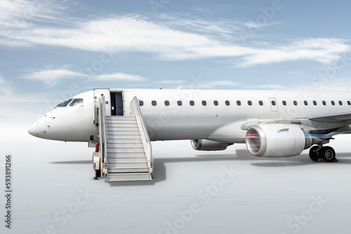 White passenger jet plane with boarding stairs isolated on bright background with sky