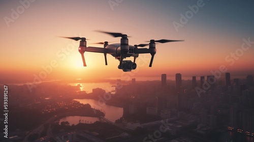 A detailed image of a drone capturing an aerial view of a city skyline at sunset
