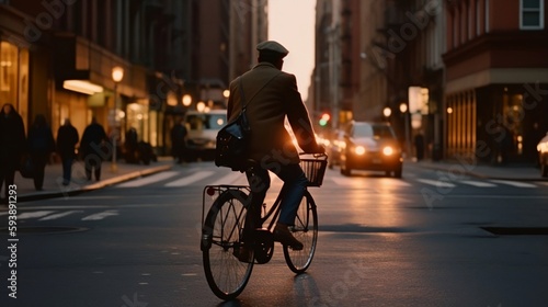 A detailed image of a person riding a vintage bicycle through a bustling city street at dawn © Leonard