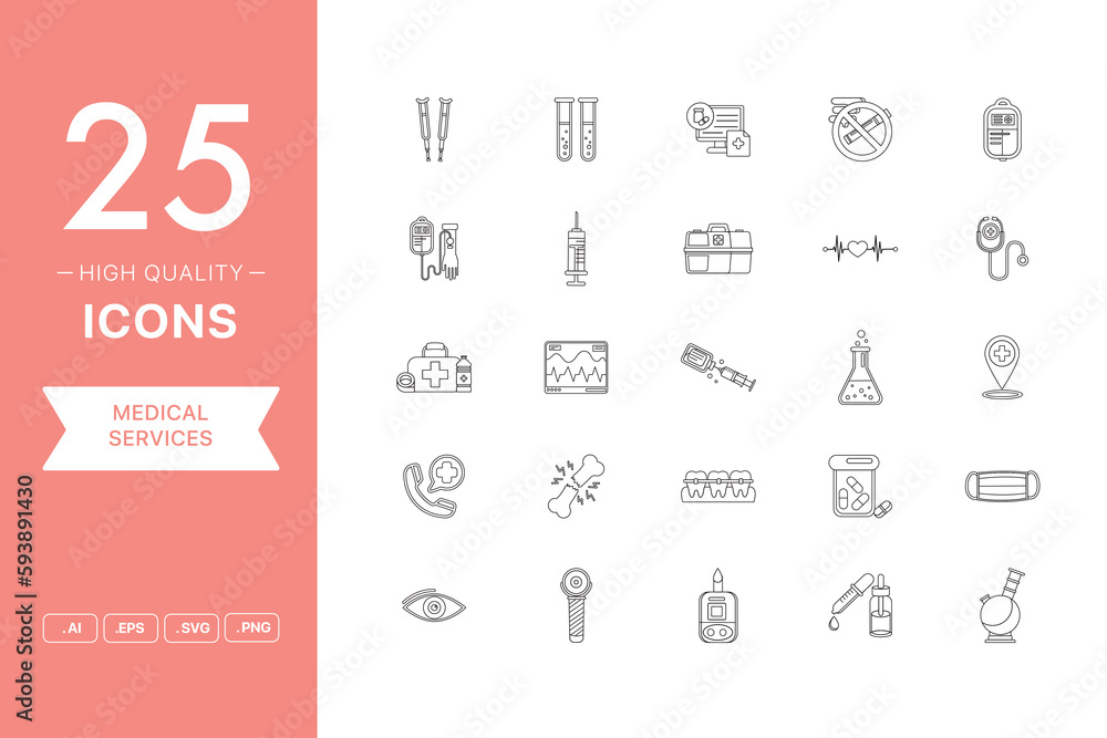Vector set of Medical Service icons. The collection comprises 25 vector icons for mobile applications and websites.