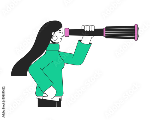 Woman looking at monocular telescope flat line color vector character. Editable simple outline half body person on white. Strategic vision cartoon spot illustration for web graphic design, animation
