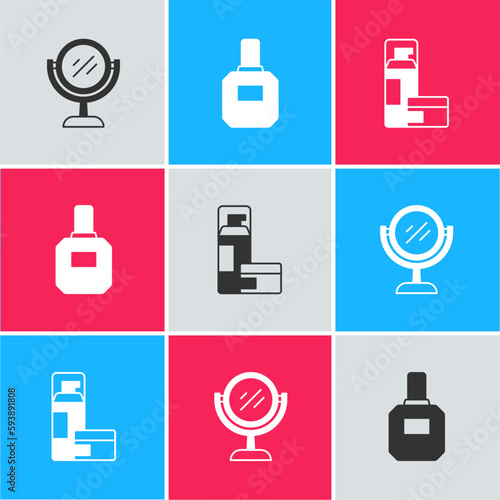 Set Hand mirror, Aftershave and Shaving gel foam icon. Vector