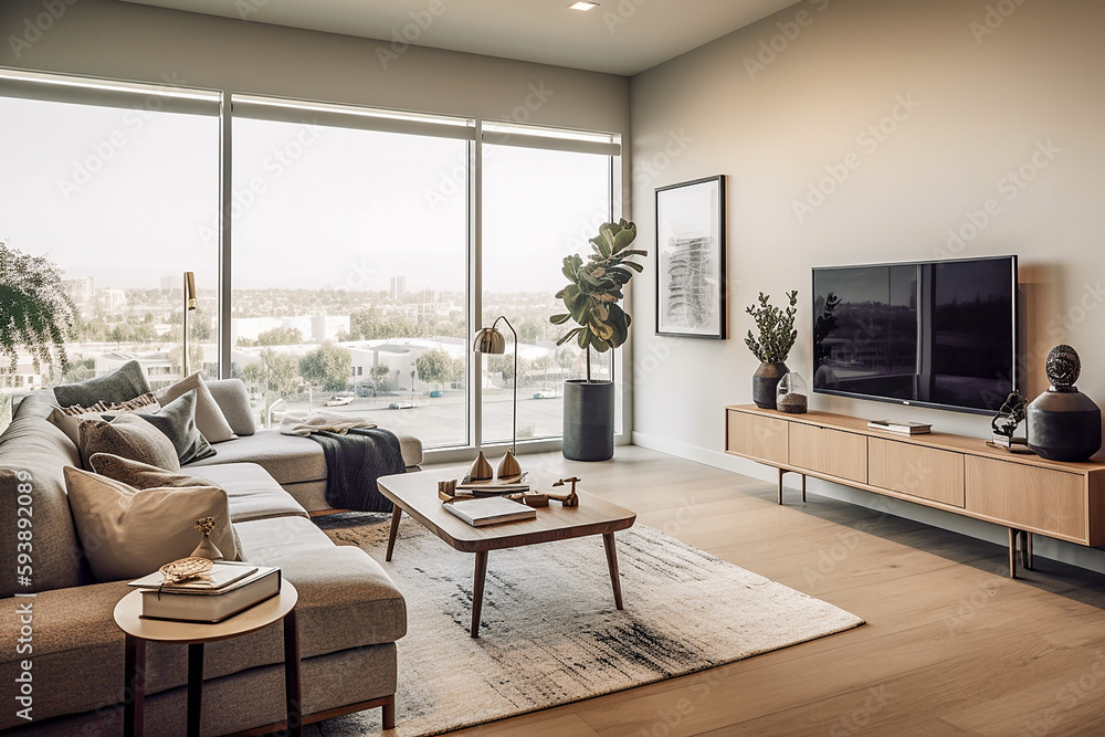 Fototapeta premium Modern Living Room. Generative AI. A digital painting of a photographic study of a modern living room.