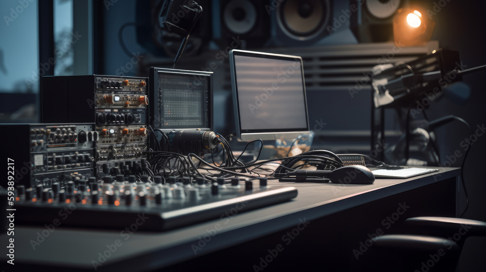 Fototapeta premium Professional microphone and sound mixer in radio station studio. AI generated