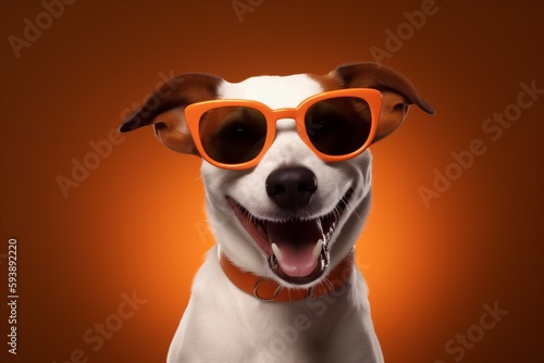 background dog sunglasses smile cute pet funny portrait animal yellow isolated. Generative AI. © SHOTPRIME STUDIO