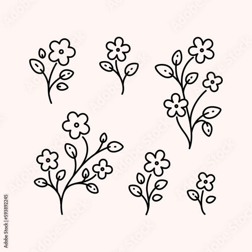 Set of simple flower with leaves. Modern abstract linear compositions. Floral elements collection. Set of branches with flower.