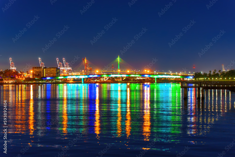 Illuminated Queensway Bridge at Night in Long Beach, California