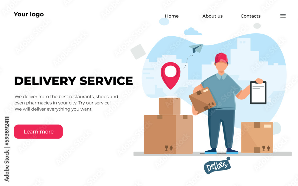 Man courier in uniform with a box. Landing page Man courier in uniform with a box. Landing page