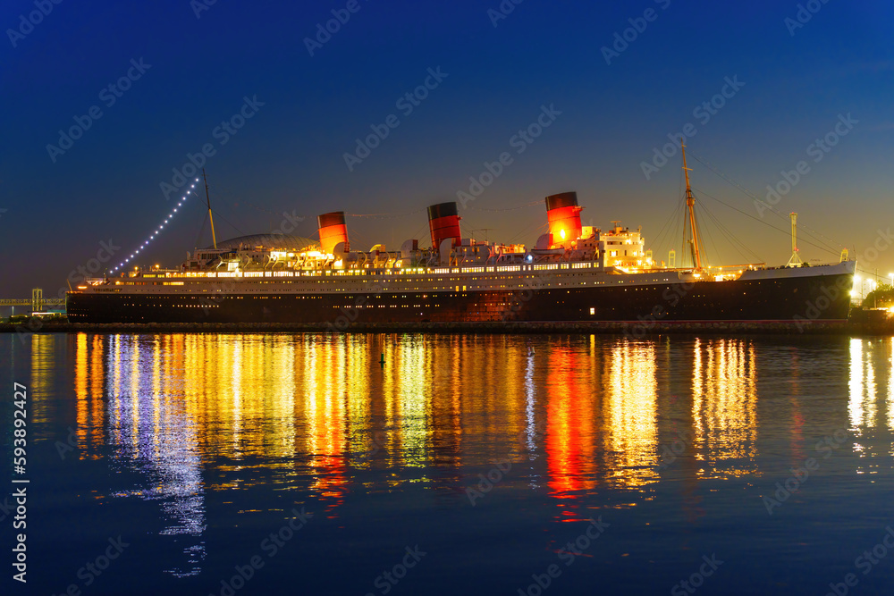 Glimmering Queen Mary Ship Lights up the Night Sky in Long Beach
