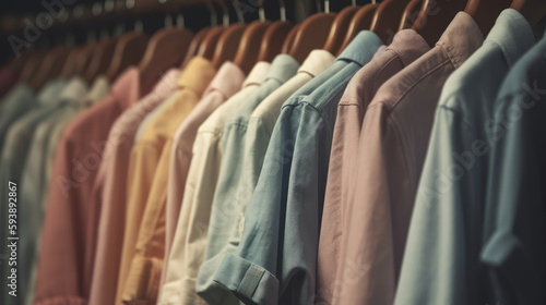 Row of colorful clothes on hangers in pastel colors. Al generated