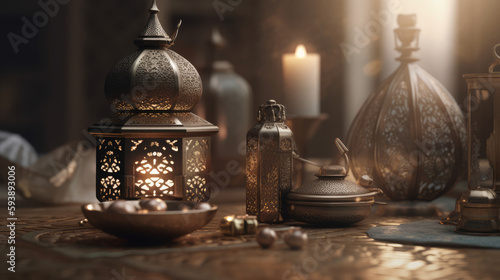 Arabic lantern of ramadan celebration background. AI generated