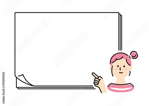 This illustration shows a young woman explaining in front of a large sheet of paper.