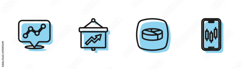 Set line Pie chart infographic, Graph, Board with and Mobile stock trading icon. Vector Set line Pie chart infographic, Graph, Board with and Mobile stock trading icon. Vector