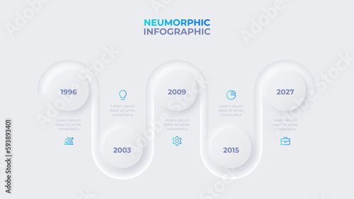 Neumorphic infographic timeline design template. Concept of development process with 5 options