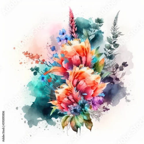 Watercolor flower bouquet neon colors isolated white background. Flower of watercolour. Watercolor art. Generative AI.