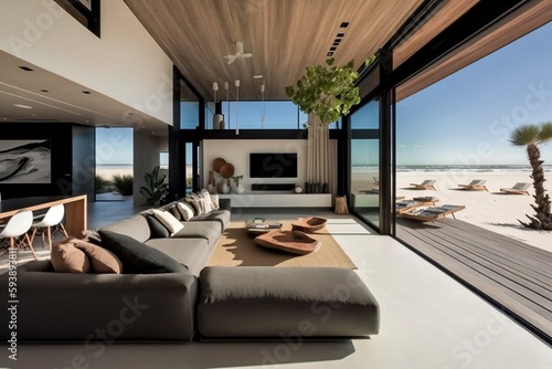 A home on the beach with a seamless indoor-outdoor design, interior decoration. Generative AI ©  Creative_studio