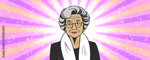 Vector portrait of a cute elderly grandmother with a hairstyle and glasses and a scarf against the background of bright rays, stars and sparks.