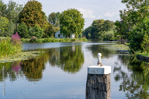 A bollard in the water of the Kerkvaart and a small white house hidden in the greenery near Alphen aan den Rijn, the Netherlands photo