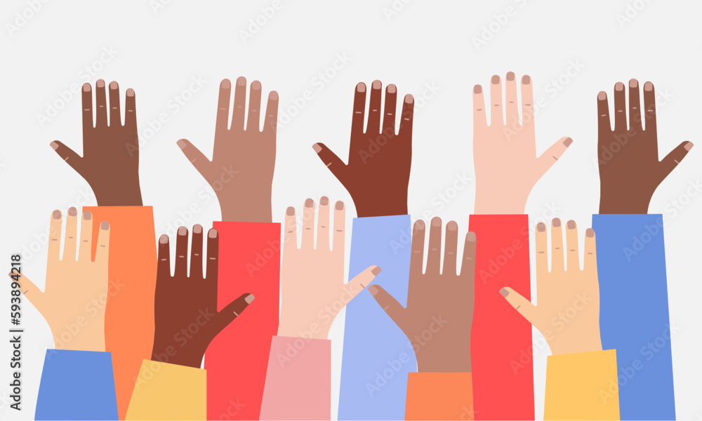 Obraz premium Social diversity concept, Hands up, Hands Diverse Diversity Ethnic Ethnicity Variation, International Human Rights awareness month illustration for global equality and peace with colorful people hands
