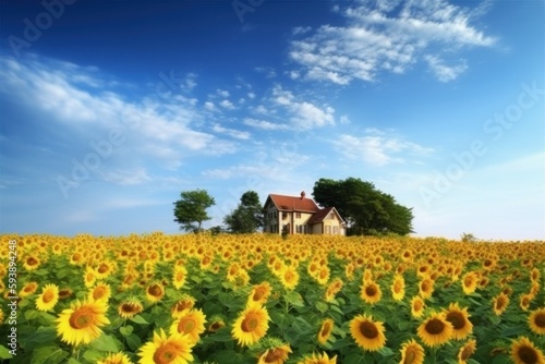 Sunflowers field near house. Generate Ai