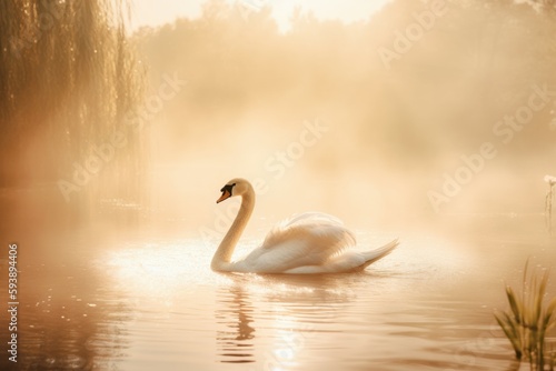 Swan misty lake nature. Generate Ai