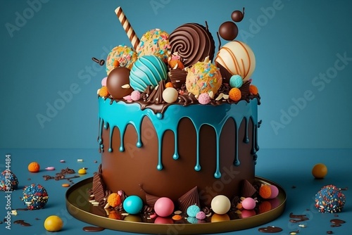 Colorful birthday cake with sweets and chocolate on blue background. Generative AI