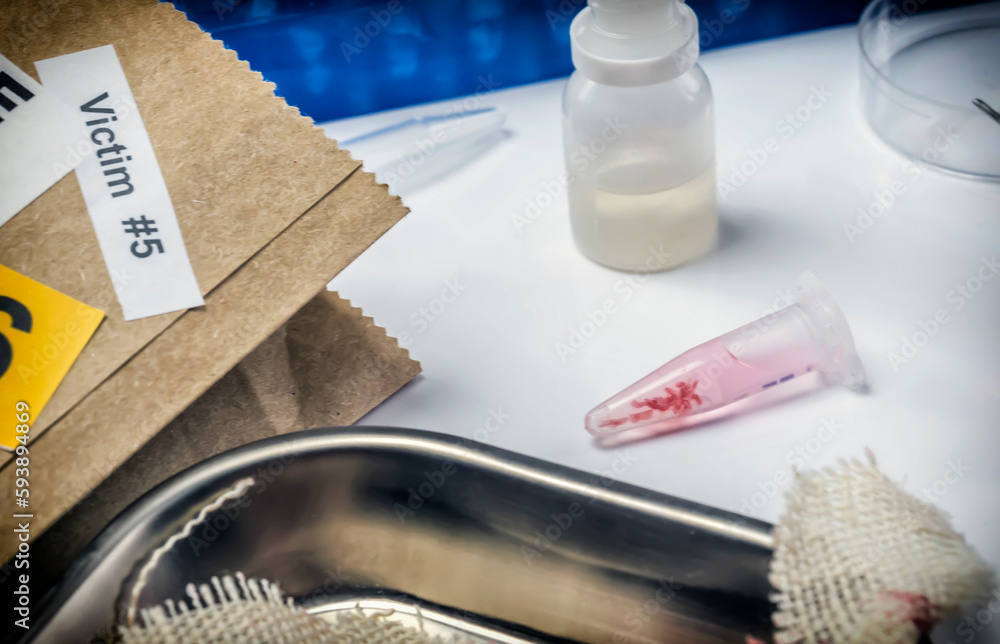 Crime lab, piece of cloth stained with blood from murder victim in vial ...