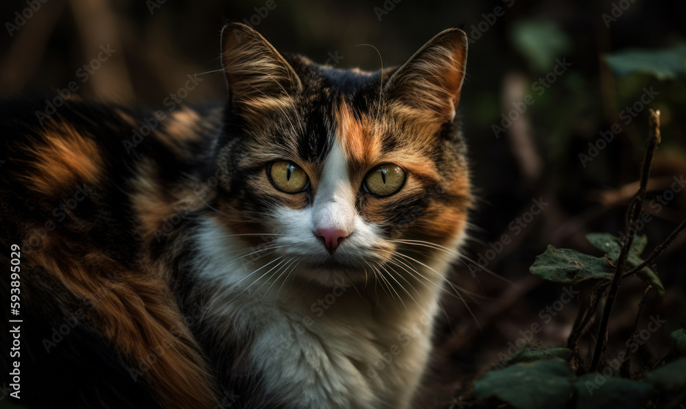 close up photo of calico cat on natural blurry forest background. Generative AI