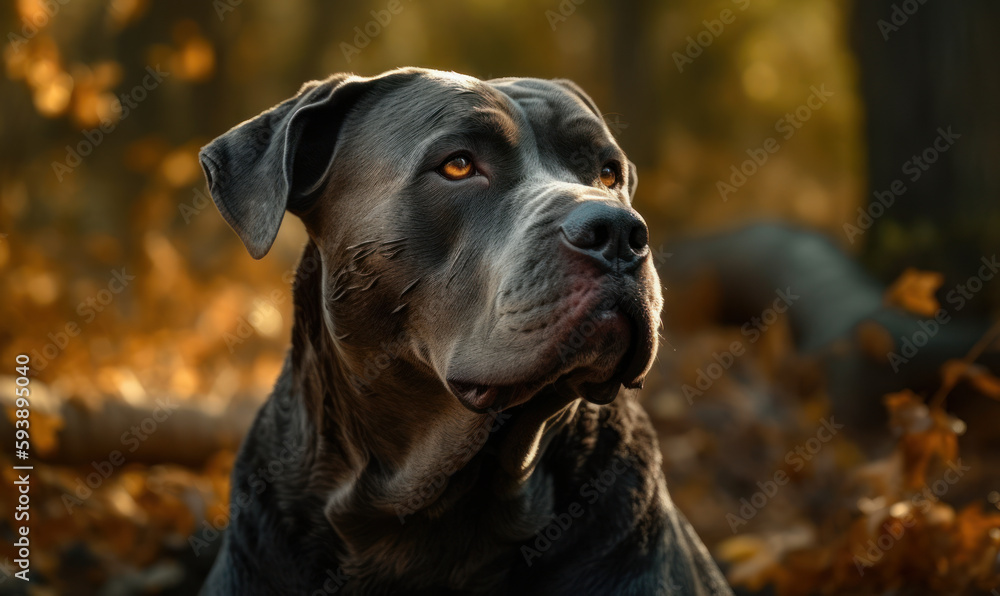 close up photo of Cane Corso on Autumn forest background. Generative AI