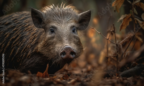 Bushpig perfectly camouflaged in the dense undergrowth of the African savanna. Composition captures the essence of this animal showcasing its strength & stealth in its natural habitat. Generative AI