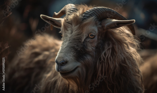 Photo of cashmere goat, animal is depicted in full figure, with every fiber of its coat visible in the image which showcases the goat against a backdrop of rugged mountain terrain. Generative AI