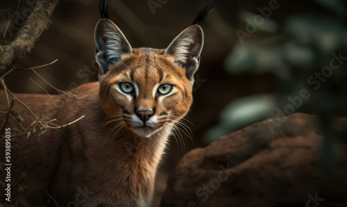 Caracal captured in exquisite detail as it prowls through the rocky terrain of its natural habitat. image showcases the caracal's stunning golden coat, piercing green eyes & agile form. Generative AI