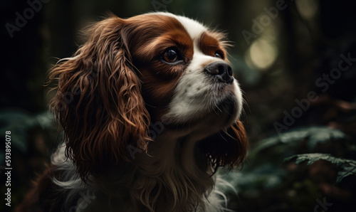 close up photo of Cavalier King Charles Spaniel on blurry forest background. Generative AI