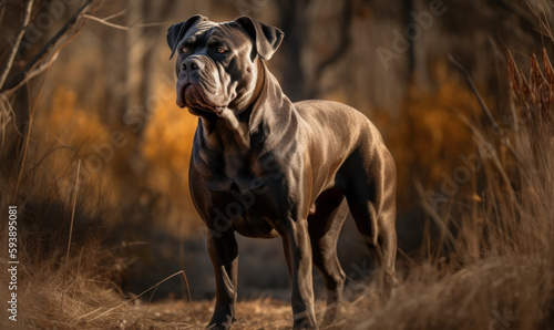 photo of Cane Corso standing on a forest path during sunset. Generative AI