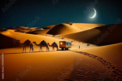 Camels and Caravan on Desert Dunes at Night with Crescent Moon and Starry Sky. Generative AI