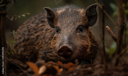 Bushpig perfectly camouflaged in the dense undergrowth of the African savanna. Composition captures the essence of this animal showcasing its strength & stealth in its natural habitat. Generative AI photo