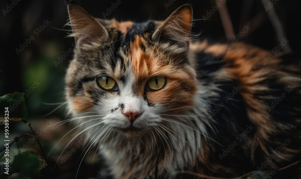 Calico cat in lush greenery of its surroundings. A portrait of feline perfection. Generative AI