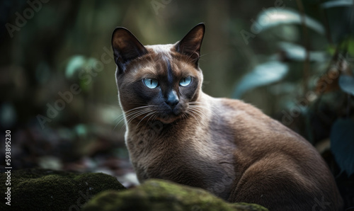 Photo of Burmese cat, perfectly poised in its natural jungle habitat, showcasing the cat's stunning coat, piercing eyes, and muscular body amidst the lush greenery. Generative AI