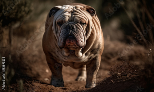 photo of Bulldog standing on a forest path. Generative AI