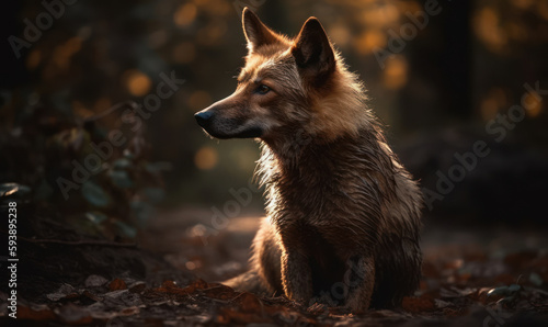 photo of bush dog  Speothos venaticus  sitting on a forest path at sunset. Generative AI