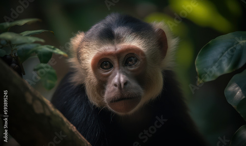 Photo of capuchin monkey in its lush  verdant rainforest habitat. The monkey s piercing eyes  expressive face  and nimble movements are brought to life in this hyperrealistic image. Generative AI