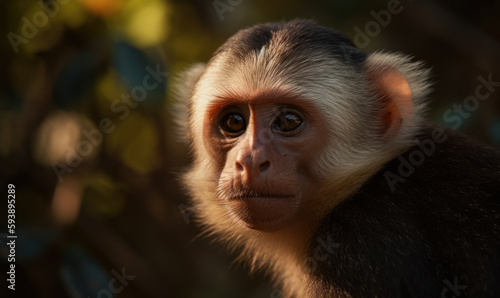 close up photo of capuchin monkey on blurry bokeh forest background. Generative AI © Bartek