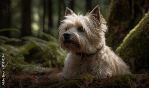 photo of cairn terrier on blurry natural forest background. Generative AI © Bartek