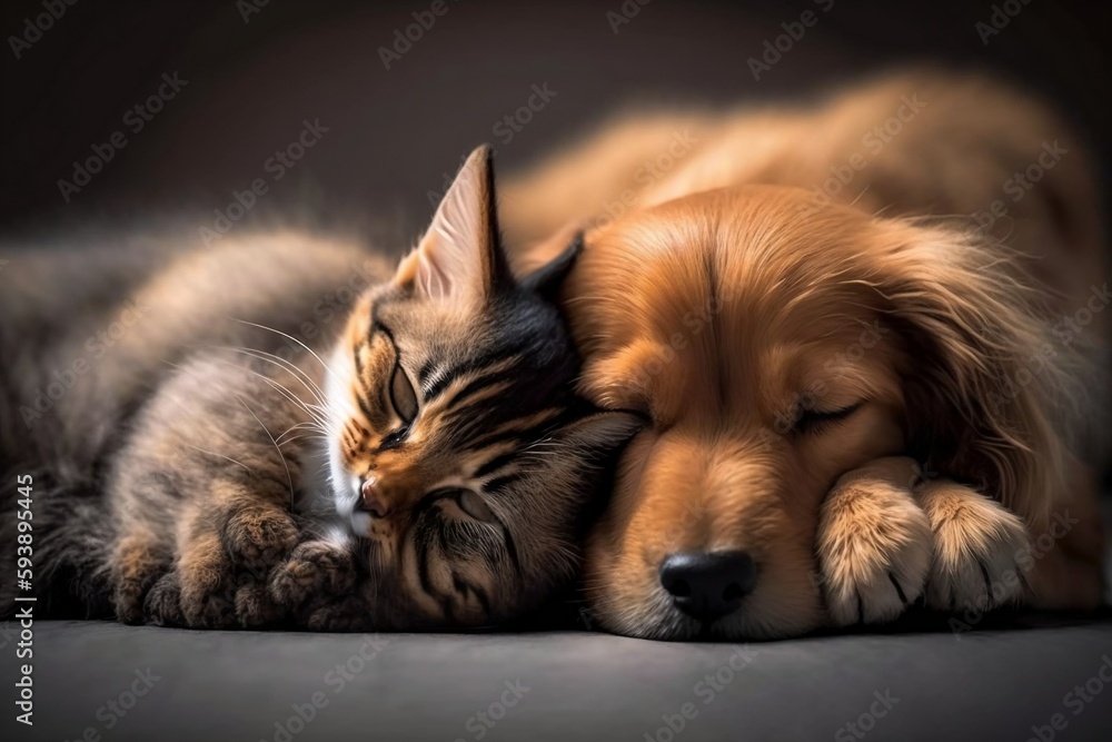 Two pets, a cat and a dog sleeping together in a cozy nap. Kitten and puppy taking a rest, cute animal companions. Animal care and friendship in a home setting with domestic pets. Generative AI